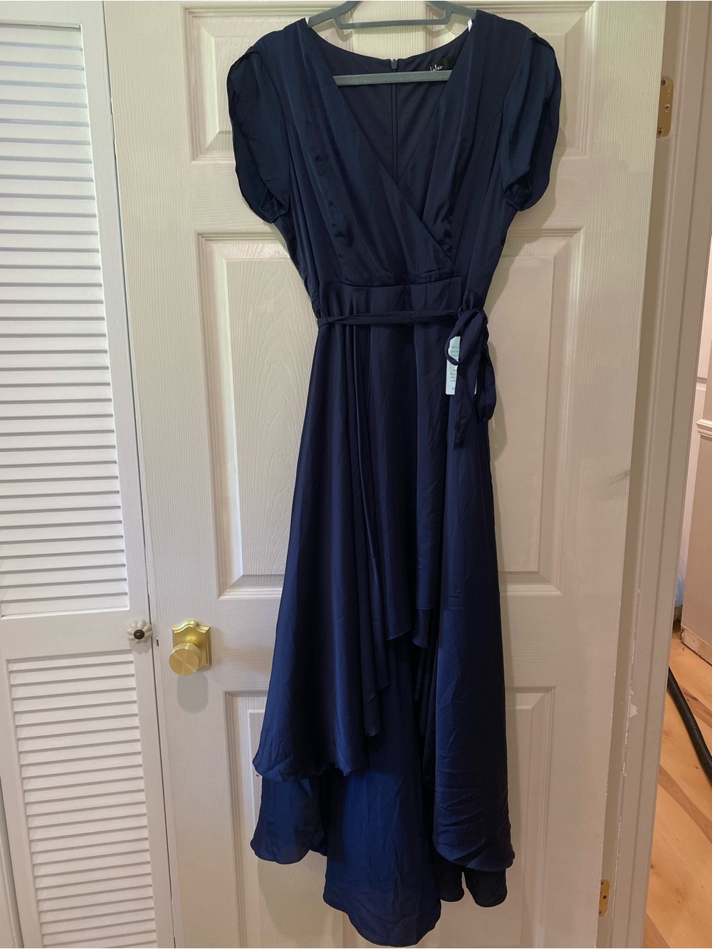 LULUS Satin Fallen For You Navy Blue High Low Wrap Dress NWT Sz Women’s Large
